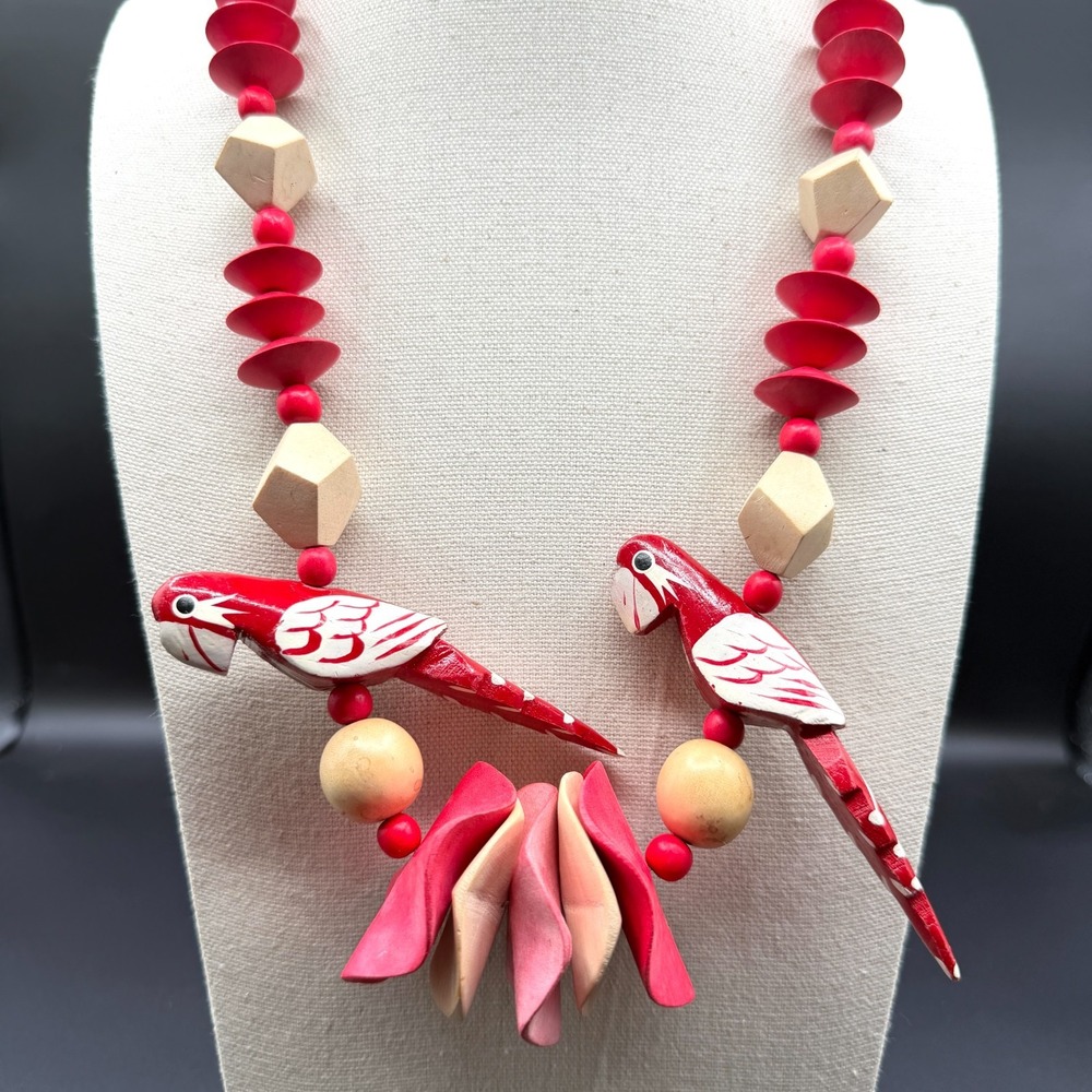 Hand Painted Wood Parrot Necklace Red Bird Floral Statement Chunky Boho Jewelry